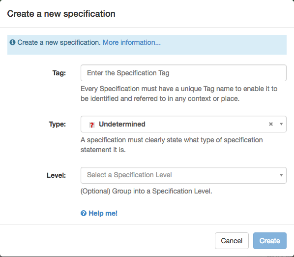 Create specification window