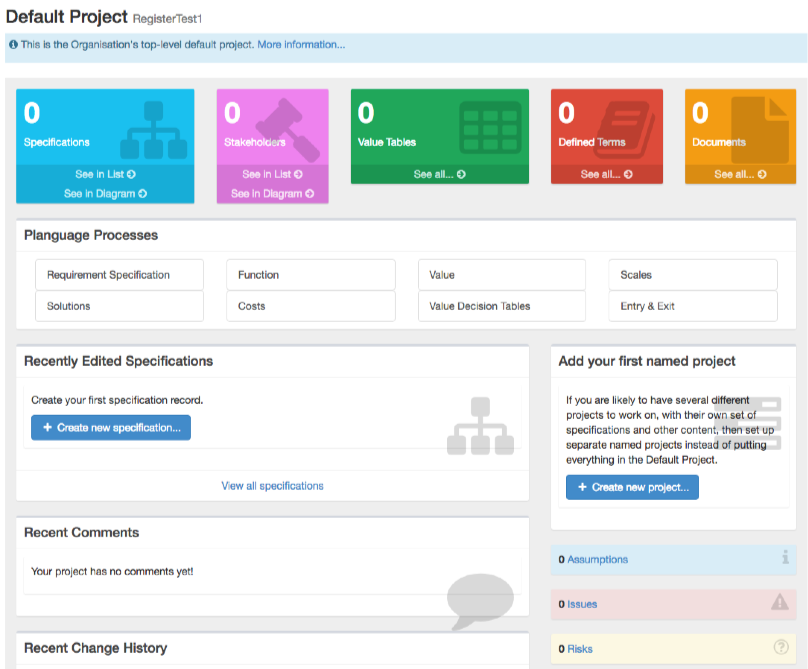 Default project dashboard